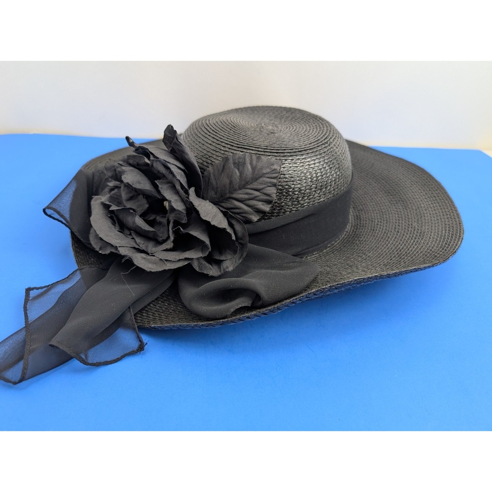 Vintage Black Floral Straw Women's Wide Brim Hat